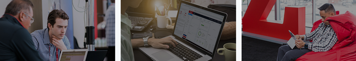 3 images: People working on laptops, person on laptop, and person on tablet.