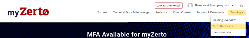 Navigation menu showing Training and Zerto University as selections