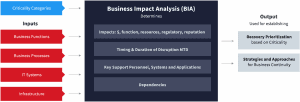 Diagram showing the process (inputs, processing, outputs) involved in Business Impact Analysis (BIA)
