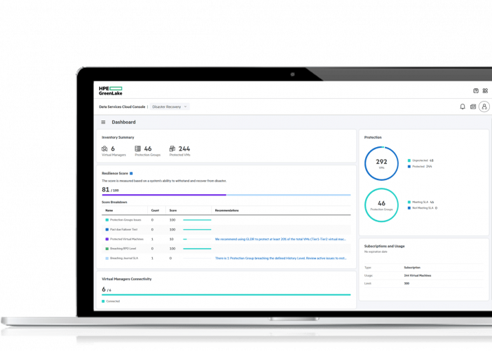 Laptop showing a screen of HPE GreenLake for Disaster Recovery