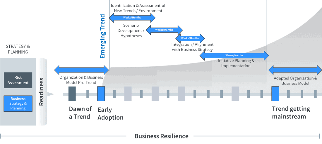 Diagram showing the steps an organization would take, through business strategy and risk management, to deal with emerging trends to ensure business resilience