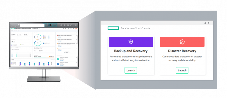 HPE GreenLake Data Services Cloud Console screen with a zoom-out on two services for data protection: HPE GreenLake for Backup and Recovery, and HPE GreenLake for Disaster Recovery